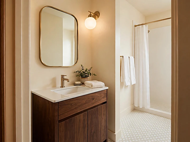 Small modern Art Deco bathroom with cream walls, walnut vanity, and brass mirror