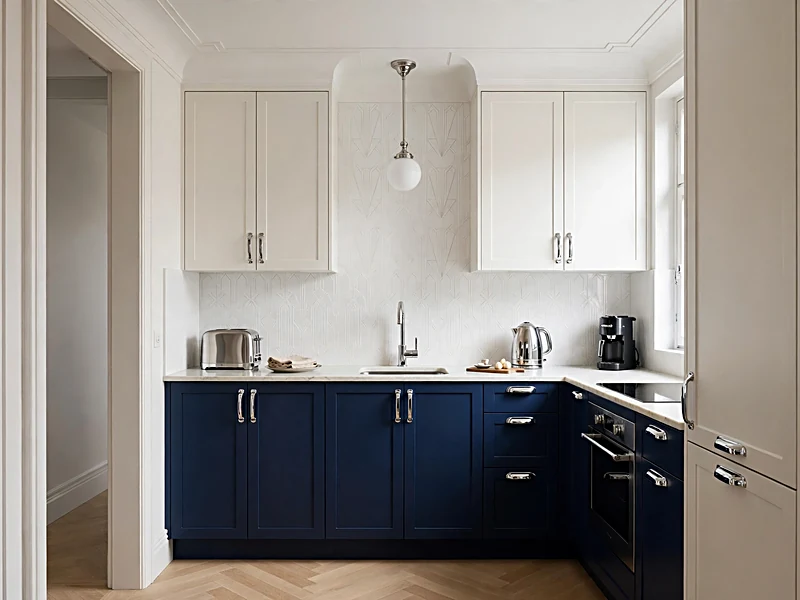 Small modern Art Deco kitchen with arched cabinet doors and chrome fixtures