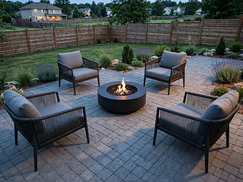 Modern gas fire pit surrounded by outdoor lounge chairs on an open paved backyard patio.