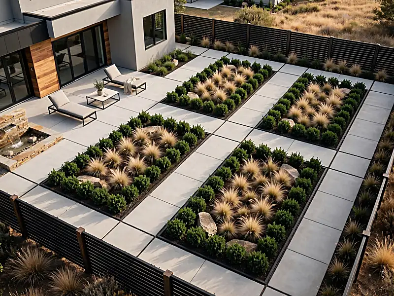 Modern backyard with rectangular planting beds, a paved patio, ornamental grasses, and organized walkways.