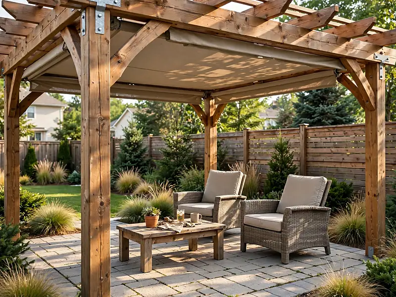Timber pergola with a neutral shade canopy covering a modern backyard seating area.