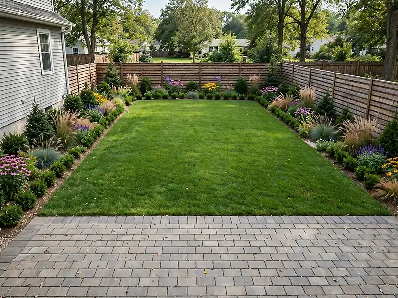 Modern suburban backyard with a rectangular lawn, straight paving, and organized garden borders.