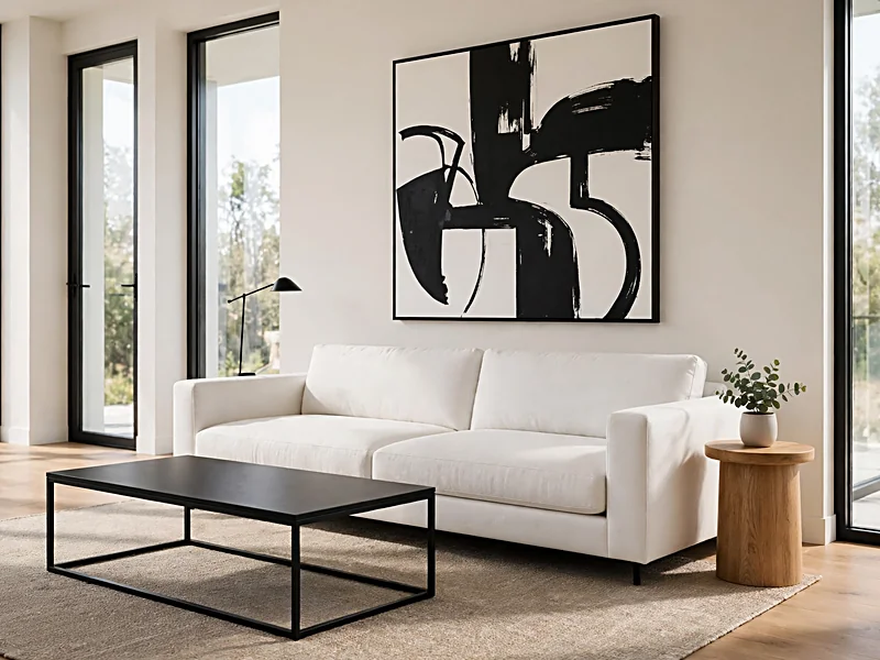 Modern living room with a low white sofa, black metal coffee table, and large abstract wall art.