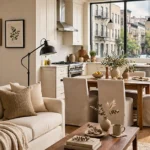 Modern condo living room with a cream sofa, walnut furniture, open dining area, and natural daylight.