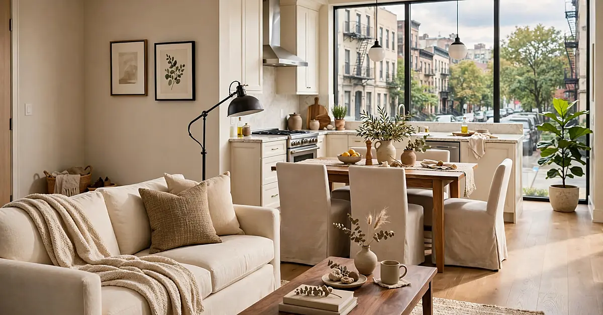 Modern condo living room with a cream sofa, walnut furniture, open dining area, and natural daylight.