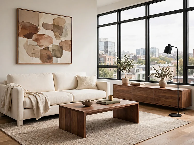 Modern condo living room with a cream sofa, walnut coffee table, black floor lamp, and simple wall art.