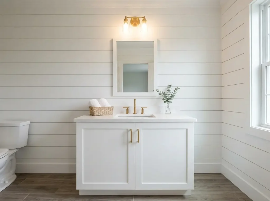 Modern farmhouse bathroom with a white shaker vanity, brushed gold pulls, faucet, and light fixture, and a window