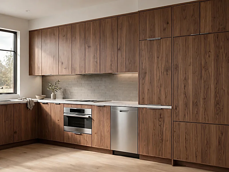 Modern kitchen with smooth walnut flat-panel cabinets, white quartz countertops, and recessed cabinet pulls.