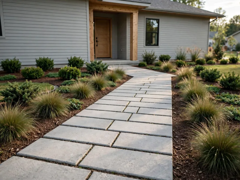 Modern front yard with rectangular concrete pavers, ornamental grasses, and neatly spaced evergreen shrubs.