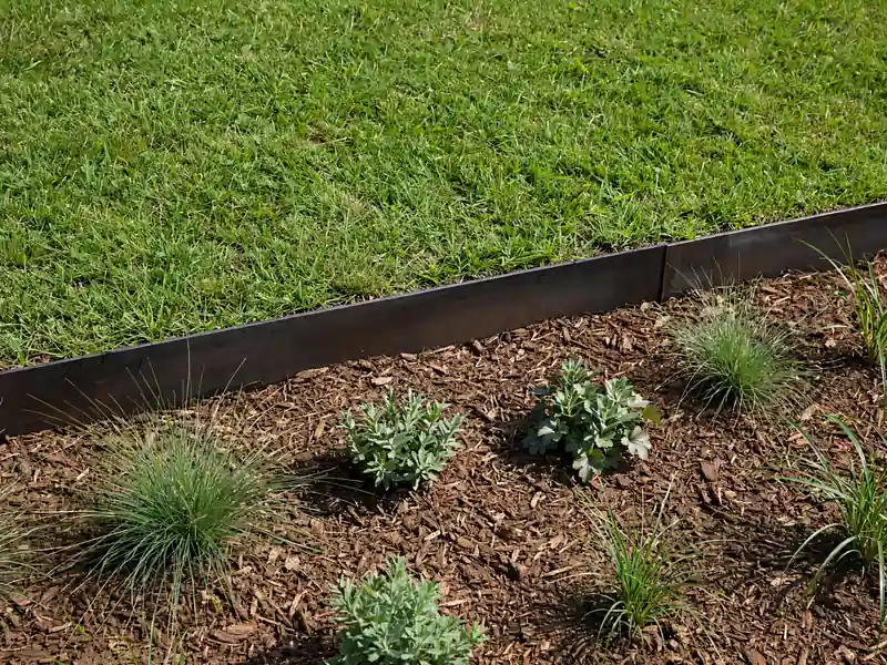 Straight black steel edging separating a green lawn from a mulched garden bed.