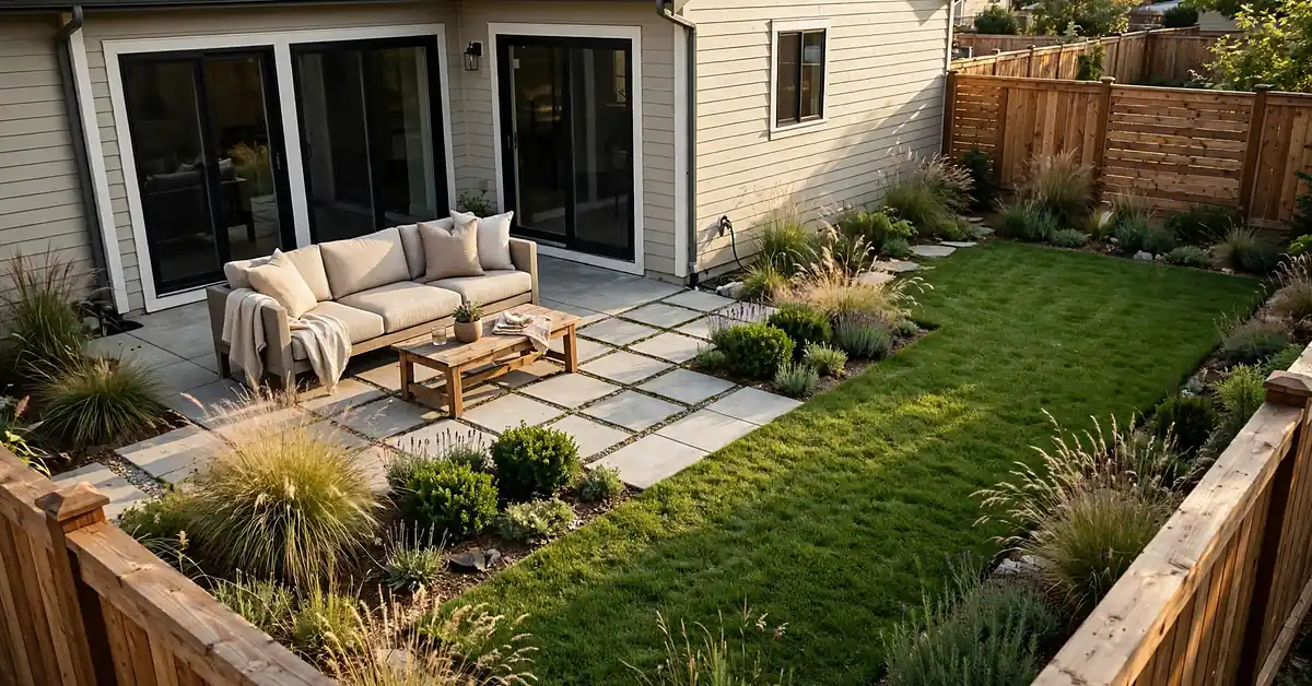 Modern backyard garden with geometric concrete pathways, a green lawn, ornamental grasses, and contemporary outdoor seating.
