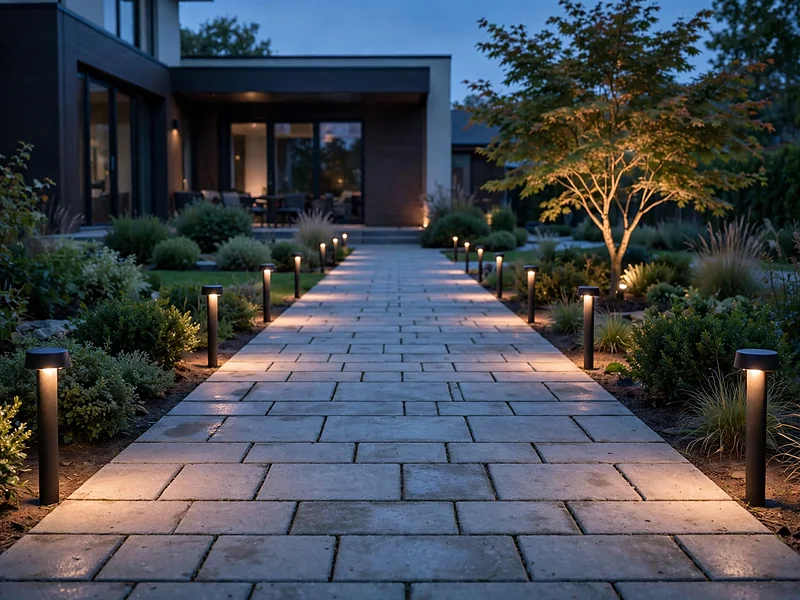 Concrete garden walkway illuminated by subtle warm path lights at dusk.