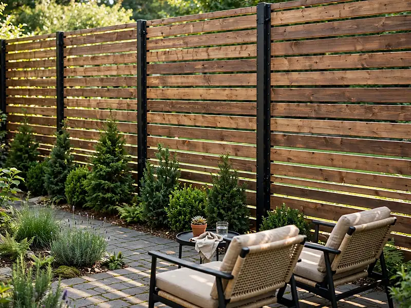 Backyard seating area with a horizontal timber privacy screen and evergreen shrubs.