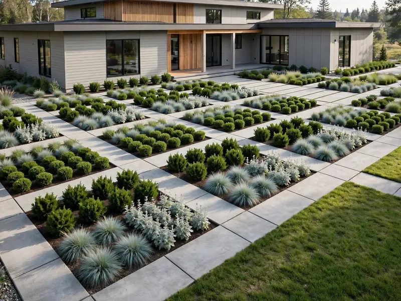 Contemporary home garden with straight paver pathways, rectangular planting beds, and repeated ornamental grasses.