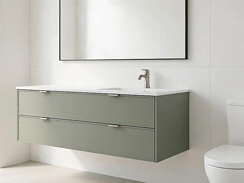 Modern bathroom with wall-mounted olive green vanity, white countertop, and visible neutral tile floor.