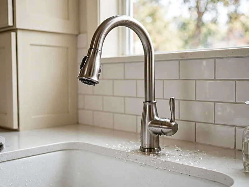 Brushed stainless steel pull-down kitchen faucet installed above a white undermount sink.