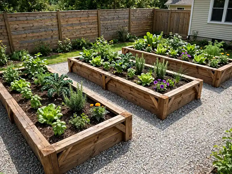 Rectangular timber raised beds growing herbs and vegetables beside a gravel pathway in a small backyard.