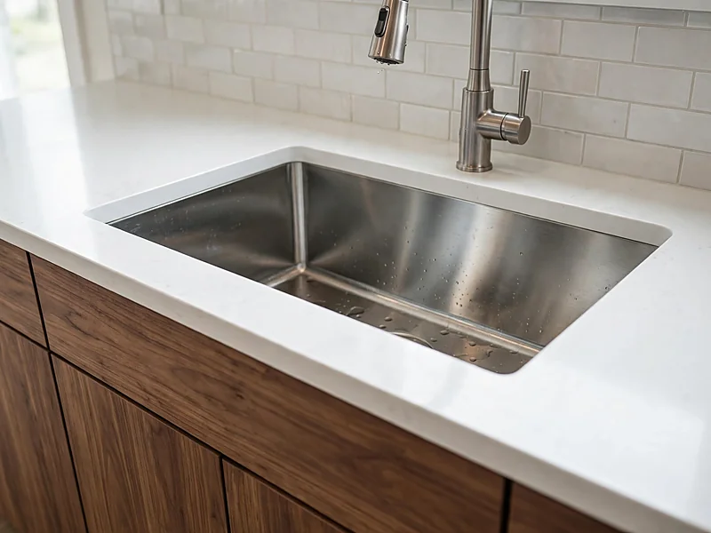 Stainless steel undermount kitchen sink installed beneath a white quartz countertop with walnut cabinets.
