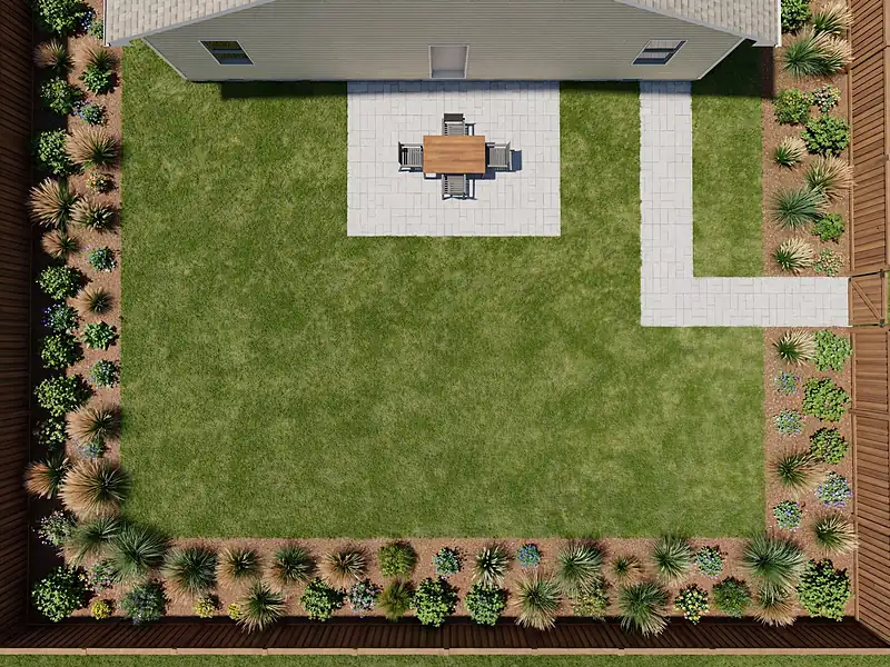 Overhead backyard layout with a paved patio, open lawn, perimeter planting beds, and a side-gate walkway.