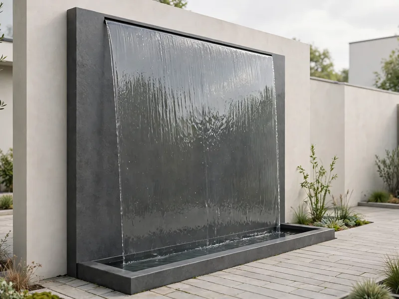 Modern vertical water wall with a thin sheet of water flowing over a dark panel.