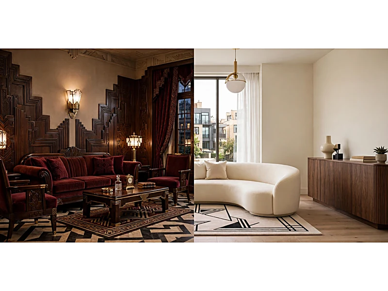Side-by-side comparison of traditional and modern Art Deco apartment interiors