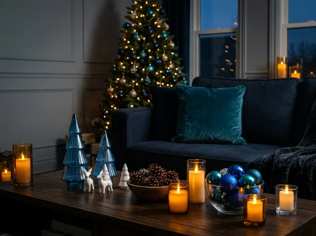 Navy and teal holiday decor with blue glass trees, white ceramic figures, and pinecones beside a blue sofa