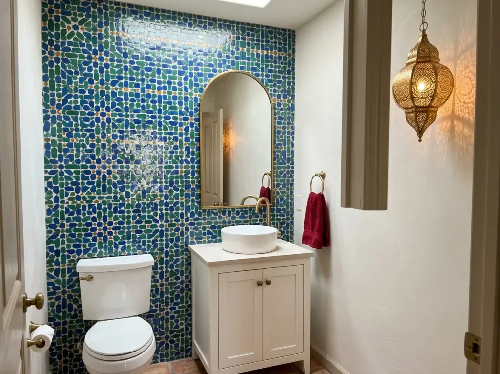 Moroccan style powder room with blue and green zellige tile wall, brass arched mirror, and metal lantern
