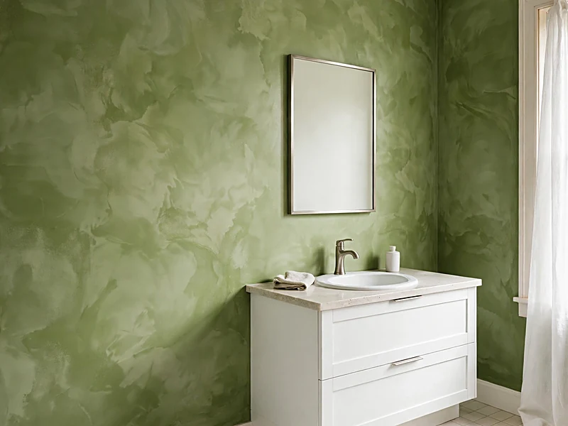 Powder room with textured moss green limewash walls, limestone basin, and natural wood vanity.