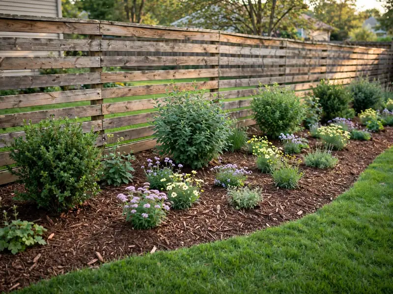 Garden border with spaced green shrubs, flowering perennials, and natural wood mulch beside a backyard fence.