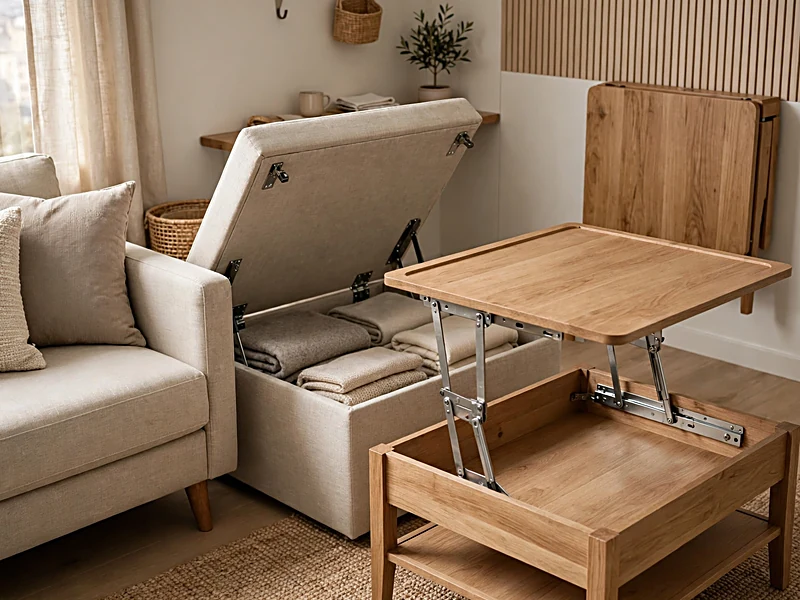 Small apartment living room with an open storage ottoman holding blankets and a lift-top coffee table.