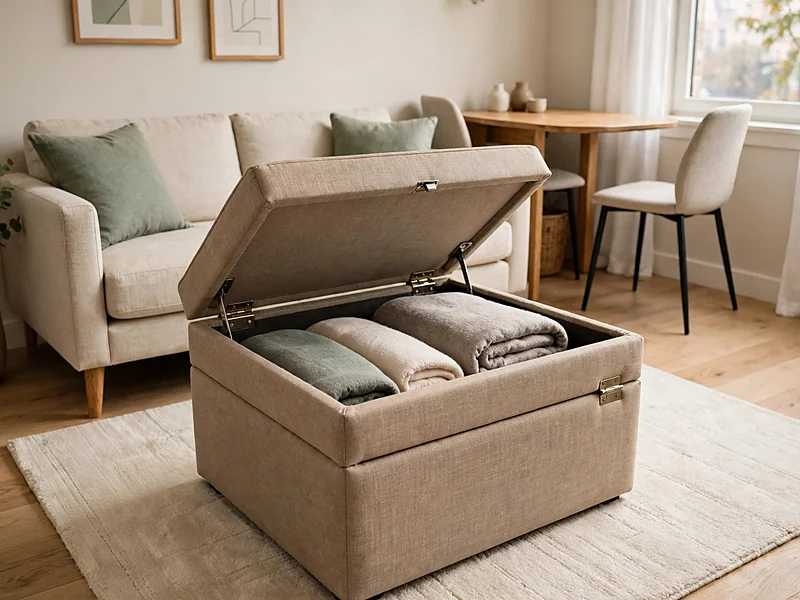 Small condo living room with an open storage ottoman holding blankets beside a compact sofa.