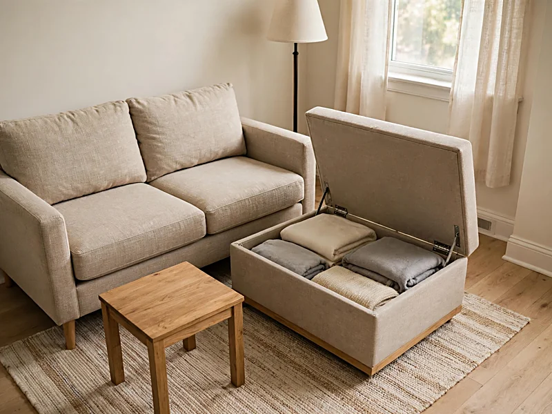 Small living room with an open storage ottoman holding blankets beside a compact sofa.