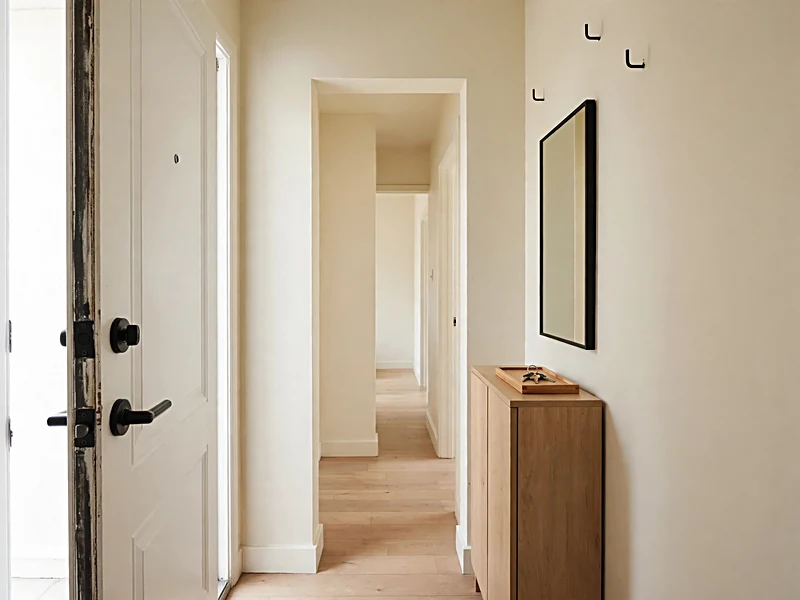 Narrow apartment entryway with a slim shoe cabinet, key tray, wall mirror, and clear walking path.