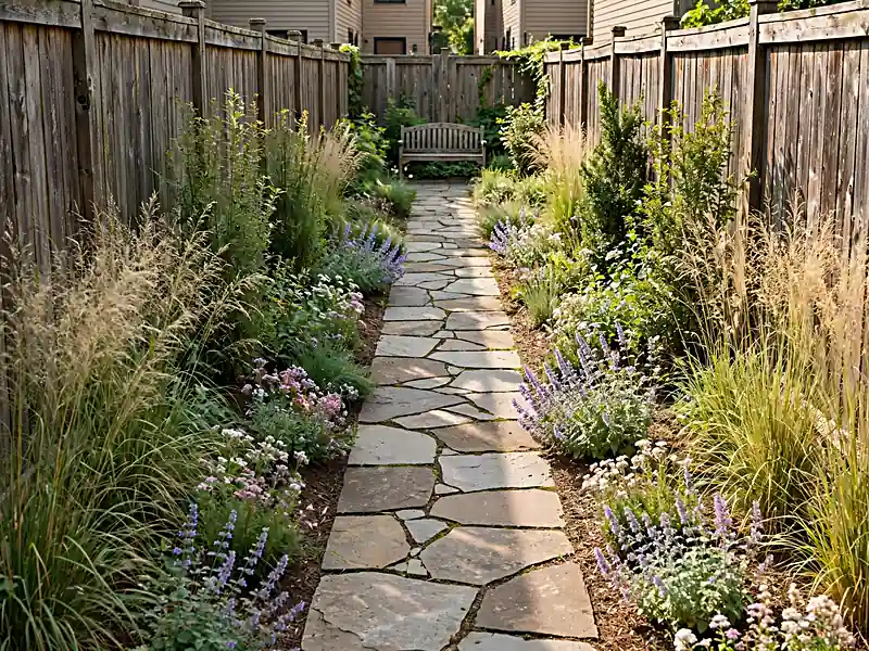 Narrow residential backyard with layered flower beds beside a clear stone walkway and a small bench at the far end.