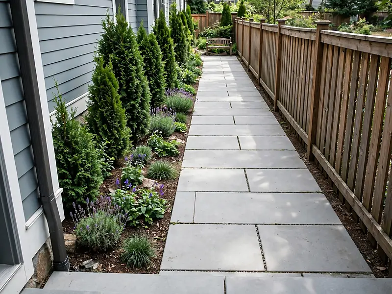 Narrow modern backyard with a straight concrete pathway, upright shrubs, and planting along one side.