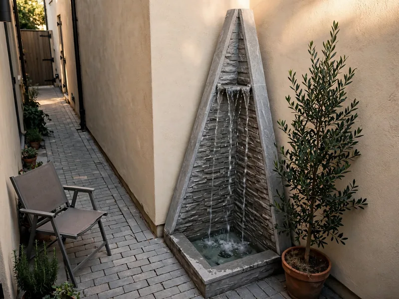 Tall narrow corner fountain fitted between two courtyard walls beside a planter.