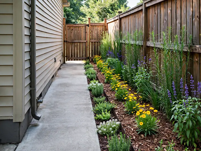 Narrow mulched flower bed with coreopsis and small perennials beside a clear side-yard walkway.
