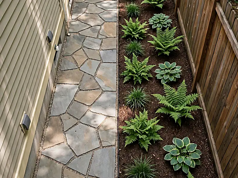 Narrow side yard with a straight walkway, fence-side planting bed, and compact greenery.