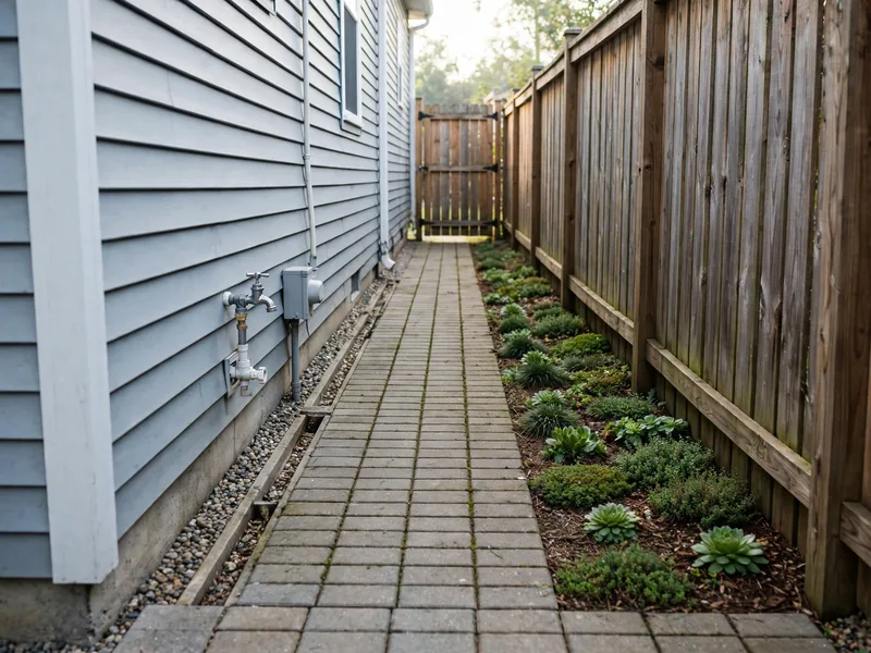 Narrow side yard with a straight paver path, low border plants, wooden fence, and clear access to the backyard.