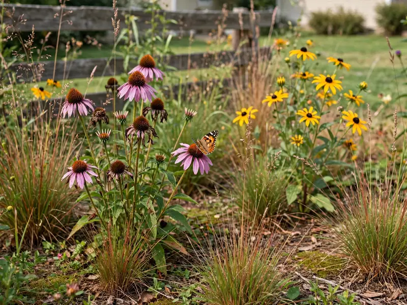 Pollinator garden with purple coneflowers, black-eyed Susans, native grasses, and a butterfly on the flowers.