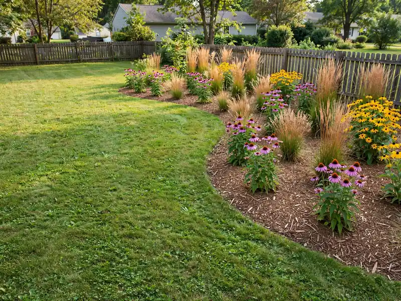 Native eastern US perennial garden with purple coneflowers, black-eyed Susans, and grasses replacing part of a lawn.