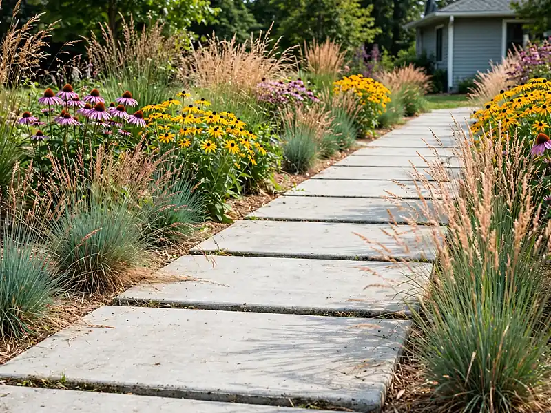 Concrete garden path bordered by native prairie grasses, purple coneflowers, and black-eyed Susans.