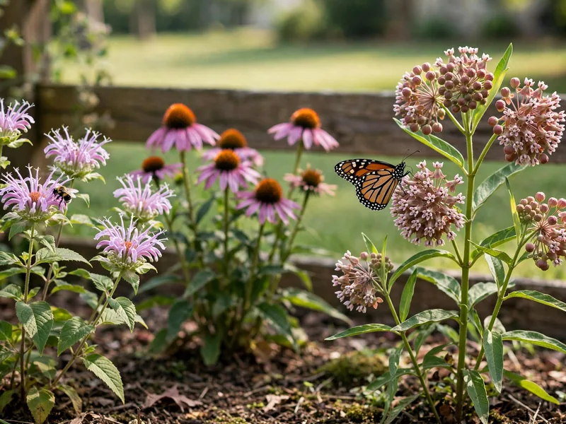 Eastern US pollinator garden with purple coneflowers, wild bergamot, native milkweed, and a visiting butterfly.