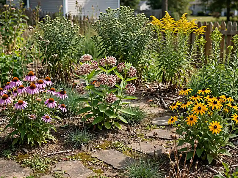Sunny native pollinator garden with grouped wildflowers, purple coneflowers, milkweed, and visiting butterflies.