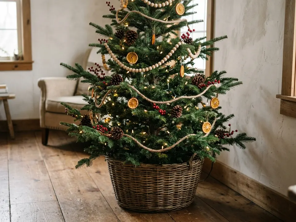 Natural Christmas tree with wood bead garland, pinecones, and red berry picks