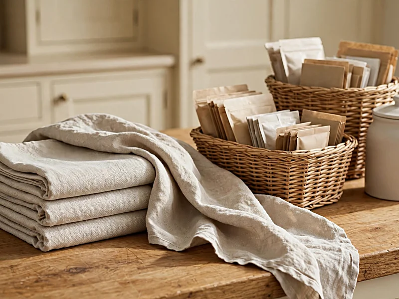Cotton kitchen towels and woven storage baskets beside cream cabinets and a natural wood countertop.
