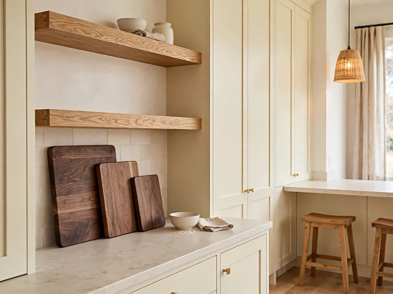 Oak shelves, walnut cutting boards, and wooden stools adding warmth to a cream kitchen.
