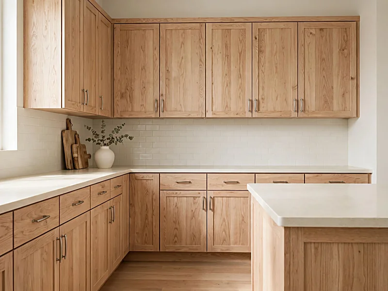 Warm modern kitchen with white oak cabinetry, cream countertops, and natural wood grain.