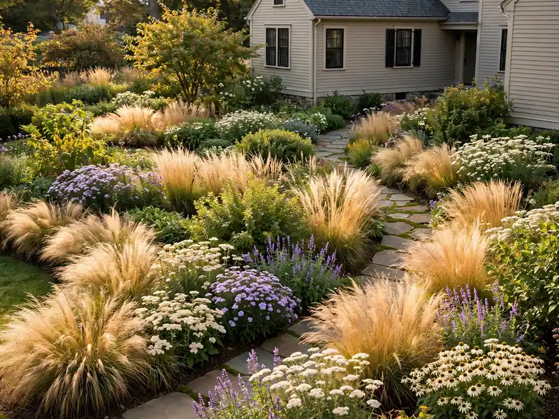 Traditional home with loose groups of ornamental grasses, flowering perennials, and naturalistic garden borders.
