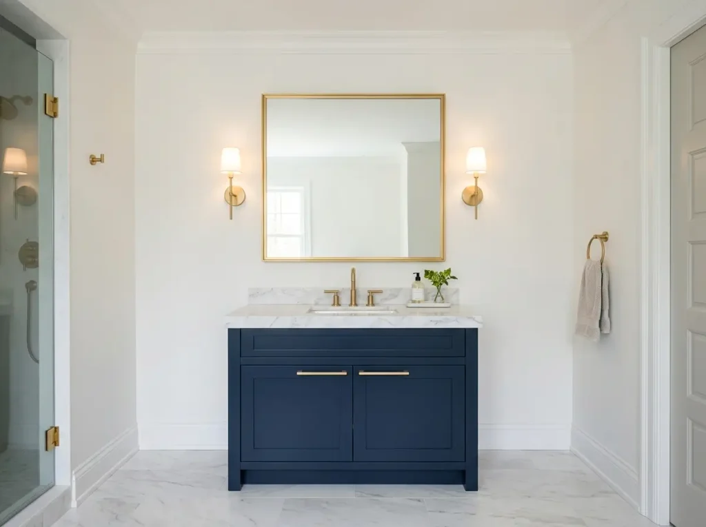 Bathroom with a navy vanity, brushed gold pulls and faucet, a gold-framed mirror, and gold sconces
